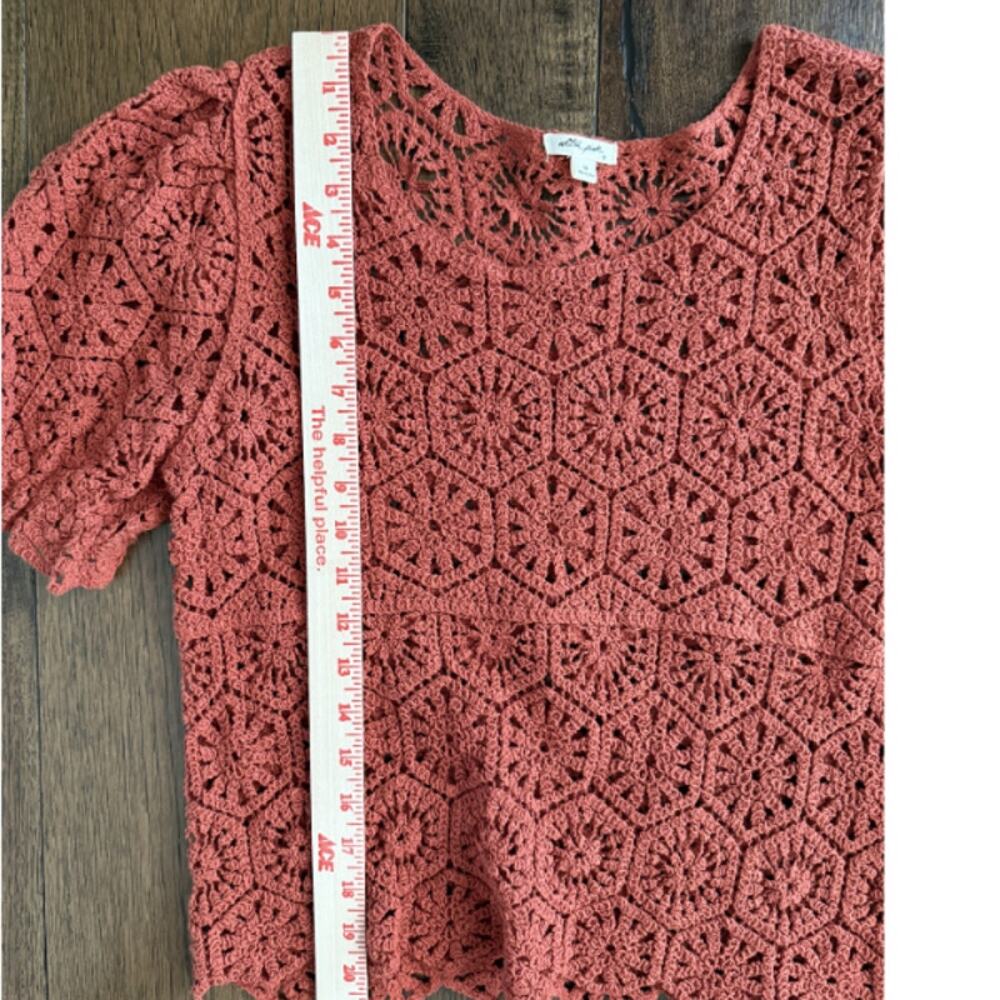 Ultra Pink Burnt Sienna Crochet Crop Top Puff Sleeves Scallop Hem Size M - Picture 4 of 6